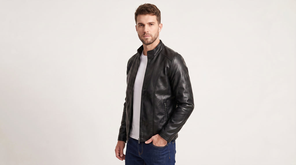 Men's Funnel Neck Leather Jacket