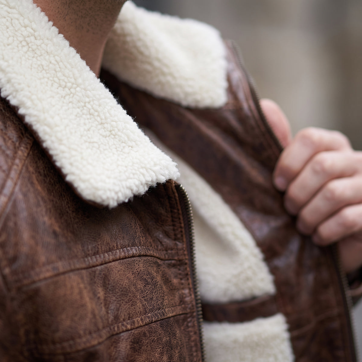 Men's Shearling Collar Leather Jacket