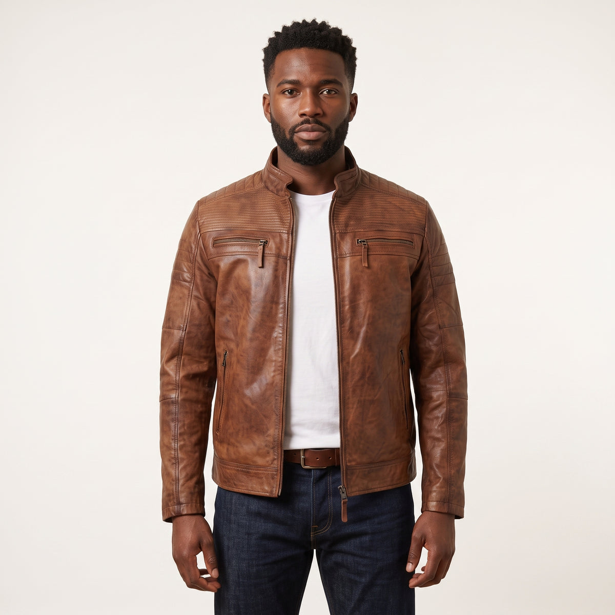 Men's Washed Leather Café Racer Jacket
