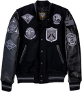 black leather varsity jacket with leather sleeves and rib stripes, front view