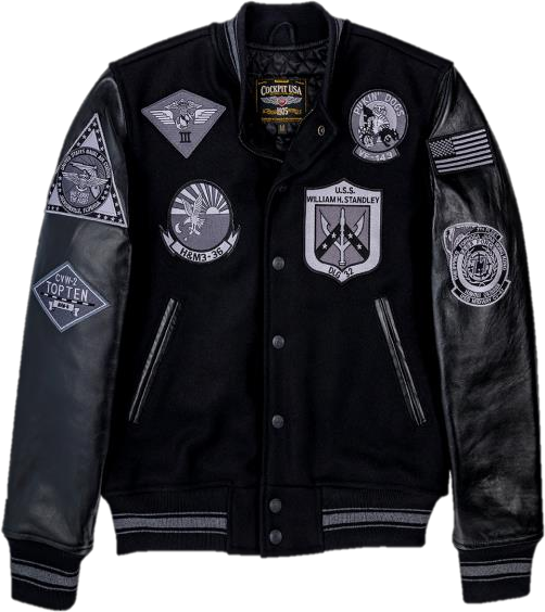 black leather varsity jacket with leather sleeves and rib stripes, front view