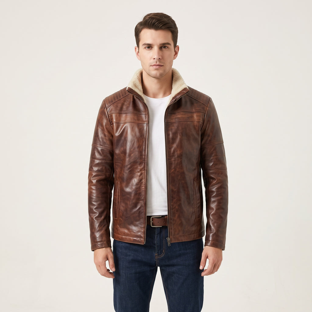 Men's Shearling Collar Leather Jacket