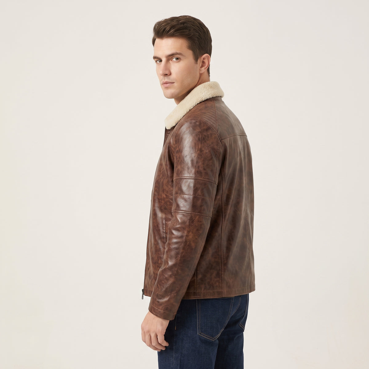 Men's Shearling Collar Leather Jacket
