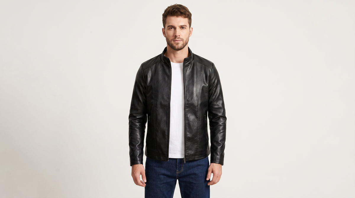 Men's Funnel Neck Leather Jacket