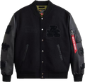 black leather varsity jacket with leather sleeves and rib stripes, front view