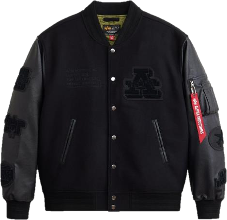 black leather varsity jacket with leather sleeves and rib stripes, front view