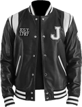 black leather varsity jacket with leather sleeves and rib stripes, front view