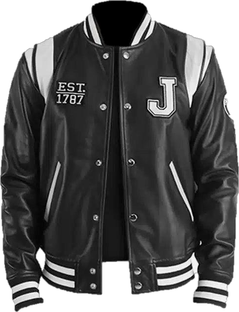 black leather varsity jacket with leather sleeves and rib stripes, front view