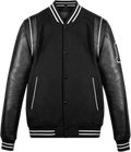 leather varsity jacket with leather sleeves and rib stripes, front view