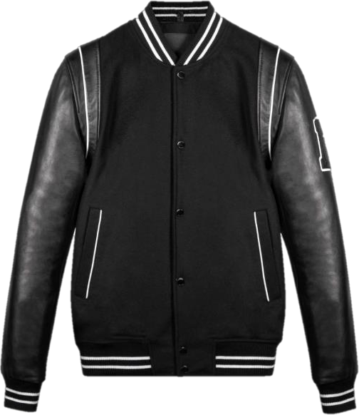 leather varsity jacket with leather sleeves and rib stripes, front view