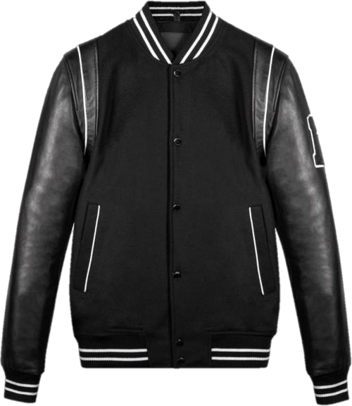 leather varsity jacket with leather sleeves and rib stripes, front view