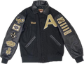 black leather varsity jacket with leather sleeves and rib stripes, front view