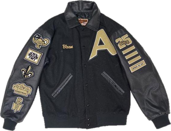 black leather varsity jacket with leather sleeves and rib stripes, front view